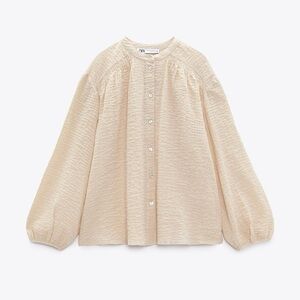 Zara Beige Button-Front Gauze Shirt